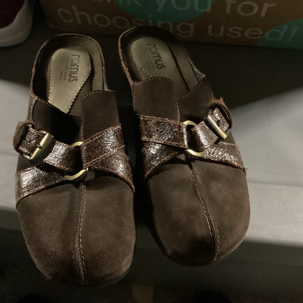 Brown Suede Mules with Bronze Accents